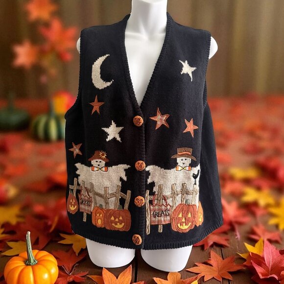 Vintage Halloween Sweater Vest | Ghosts, Pumpkins & Stars | PBJ Sport XL - Picture 1 of 10